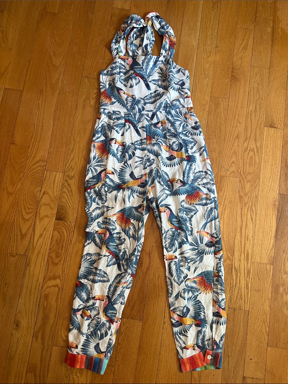NWT FARM RIO Flying Toucans Crossed Back Frilled Jumpsuit - Size Large